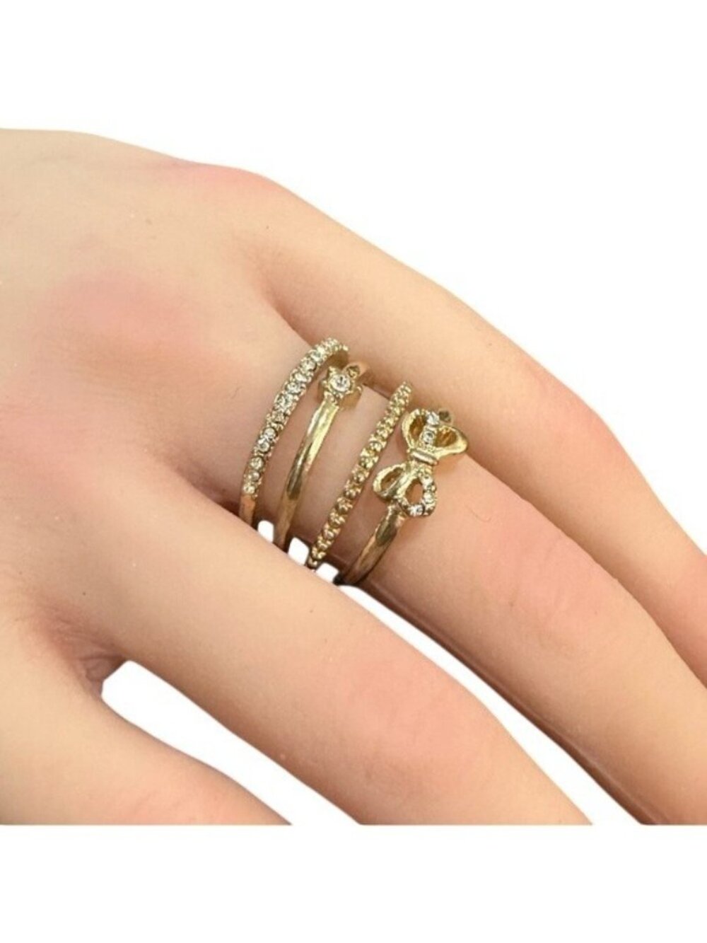 Multi Band Ring Gold Tone Size 7.5 Bow Cubic Zirconia Inlay Womens Jewelry